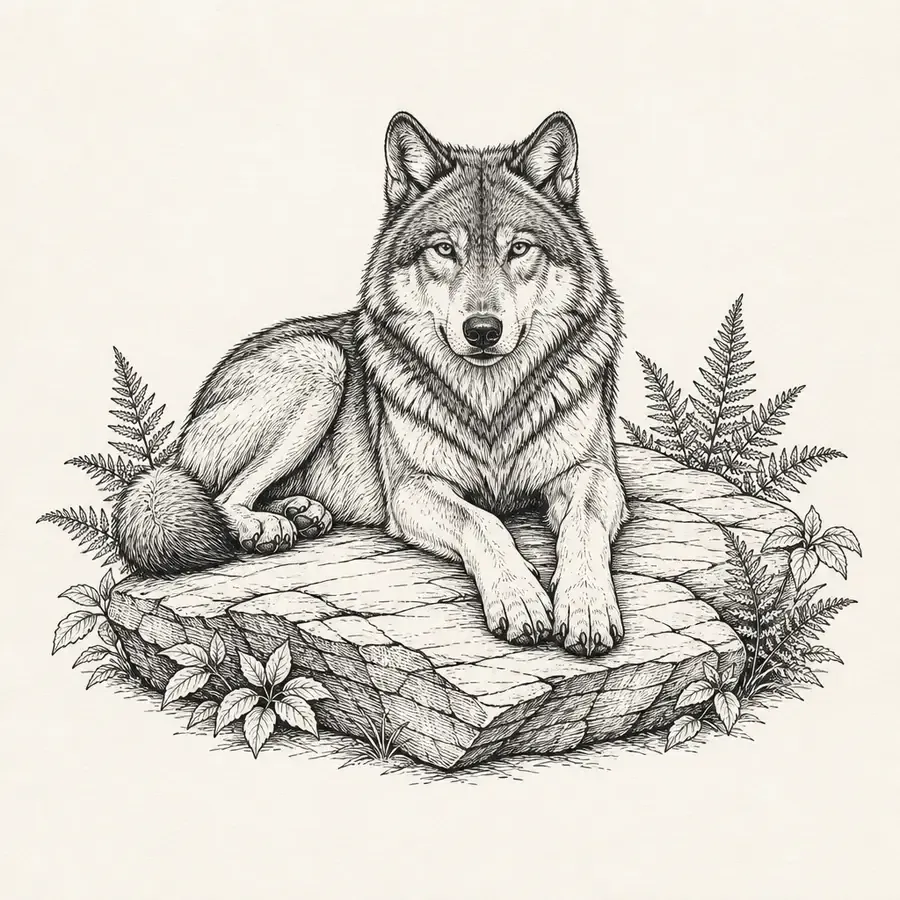 A wolf lying on a flat stone with its head up and front paws forward, ferns and leaves around the rock, in black hatched line.