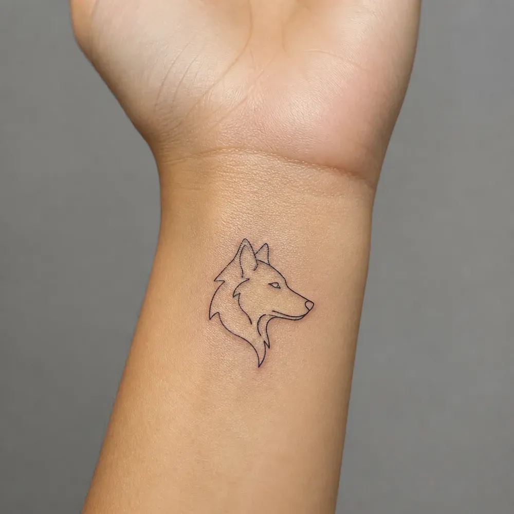 A small minimalist wolf head in side profile, drawn in thin black line on the inner wrist of light tan skin.