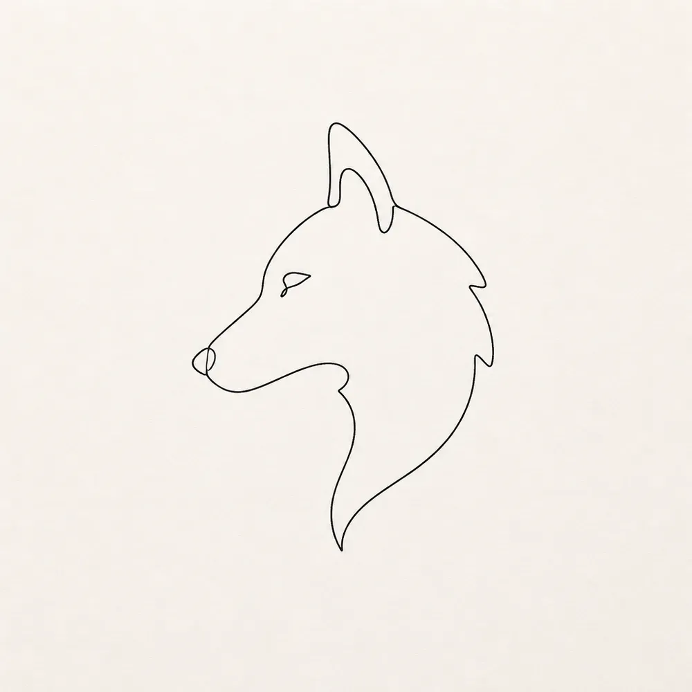 A minimalist wolf head in side profile drawn with a few thin black lines, one pointed ear, a long muzzle and a simple eye.