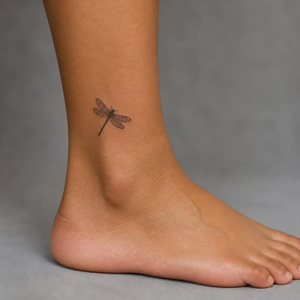 A small fine-line dragonfly tattooed on the outer ankle of medium brown skin.