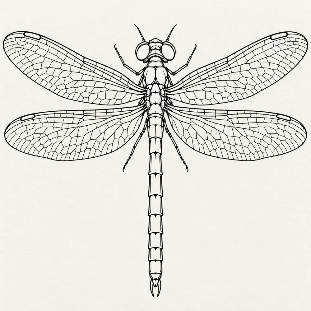 A dragonfly seen from above, four veined wings out flat and a long segmented body.