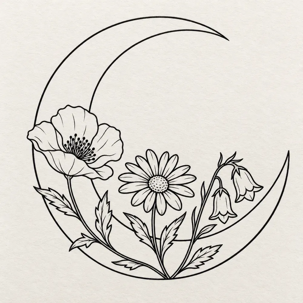 A crescent moon with a poppy, a daisy and a bellflower stem drawn inside its curve.