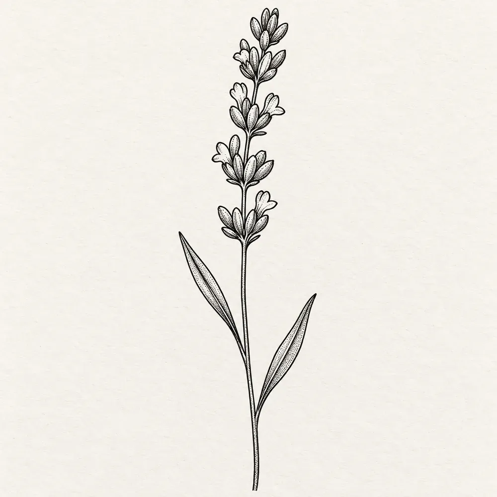 One lavender stem carrying four flower spikes, with two long leaves at its base.