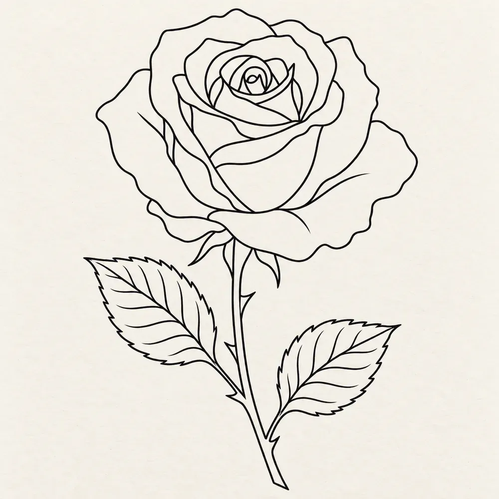 An open rose bloom on a single stem with two leaves, drawn in thin black outline.