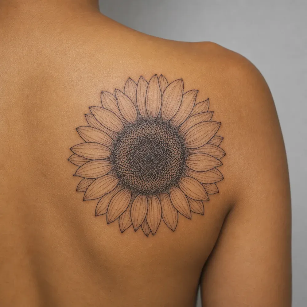 A fine-line sunflower with a stippled centre tattooed across the shoulder blade of warm olive Filipino skin.