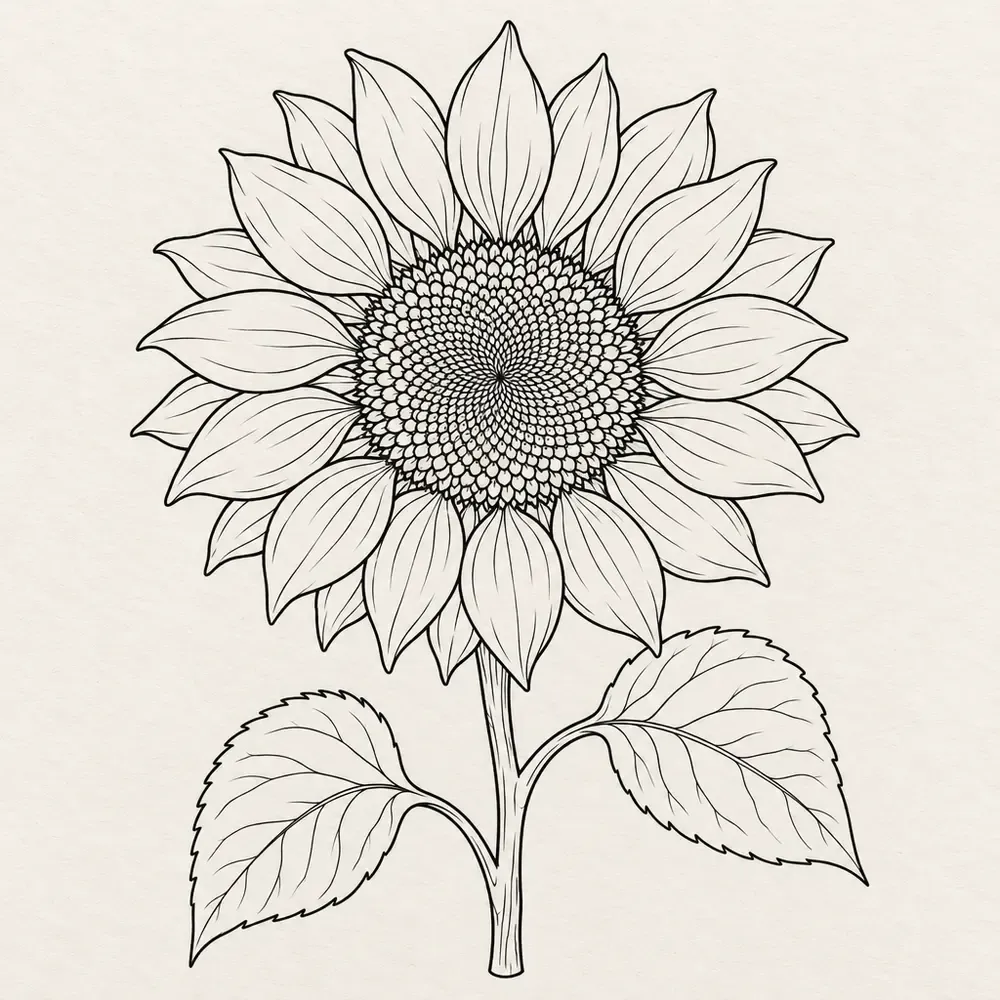 A sunflower head with a spiral-stippled centre, on a stem with three leaves.