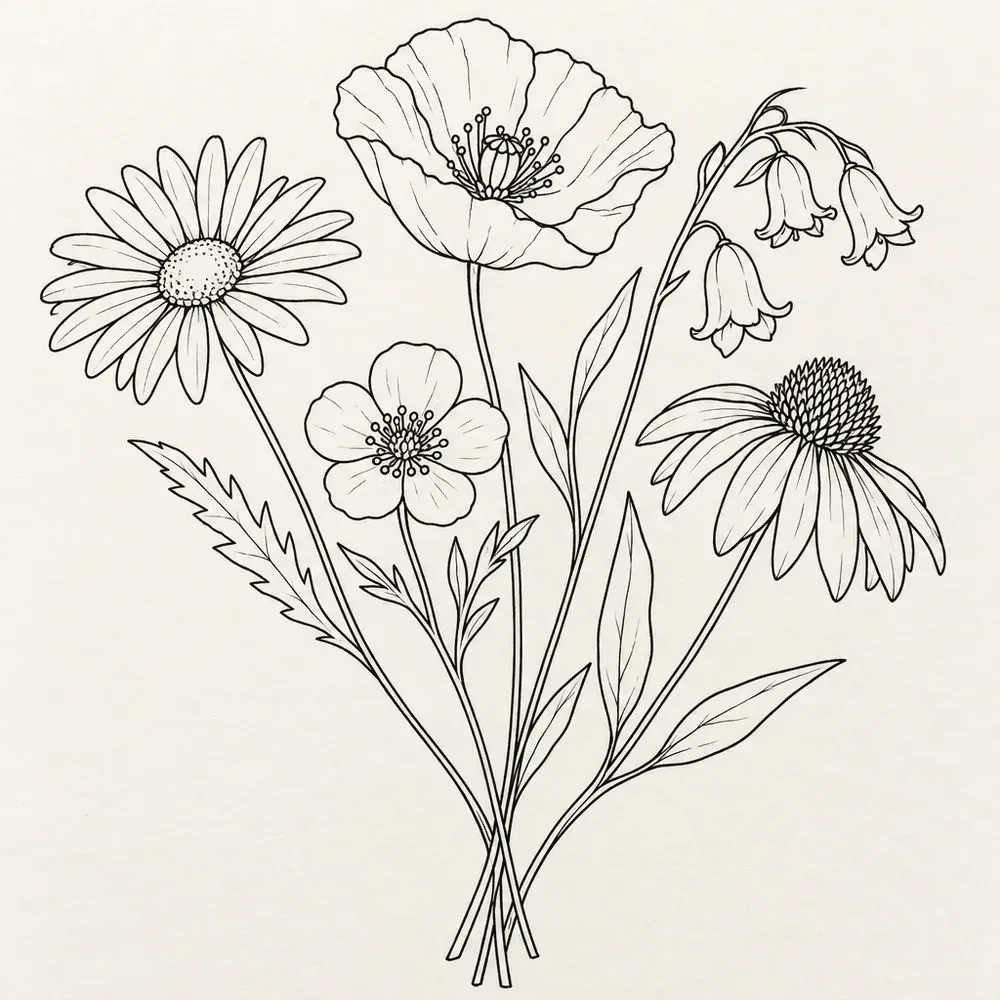 Five wildflower stems gathered at the base, among them a daisy, a poppy and a coneflower.