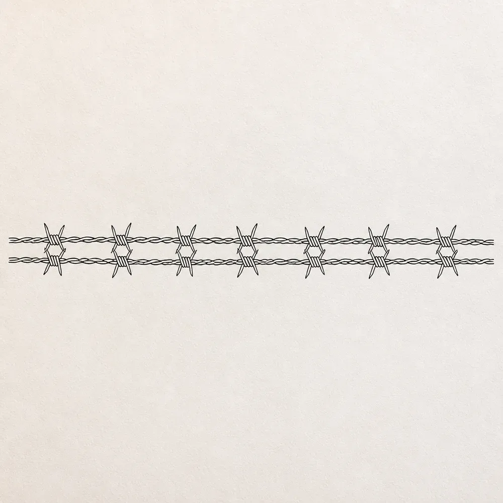 A straight band of two twisted wire strands in fine black line, knotted with seven evenly spaced four-point barbs.