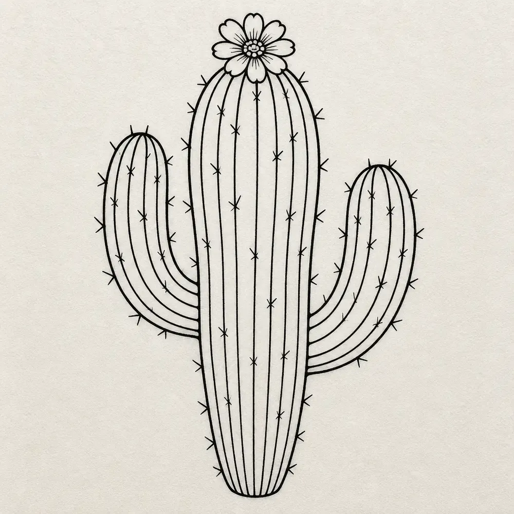 A saguaro cactus with two upturned arms in black outline, thin vertical ribs, small spine ticks and one flower on top.