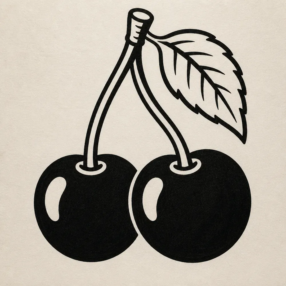 A pair of cherries in solid black with white highlights, joined at the stems under one veined leaf, bold outline.