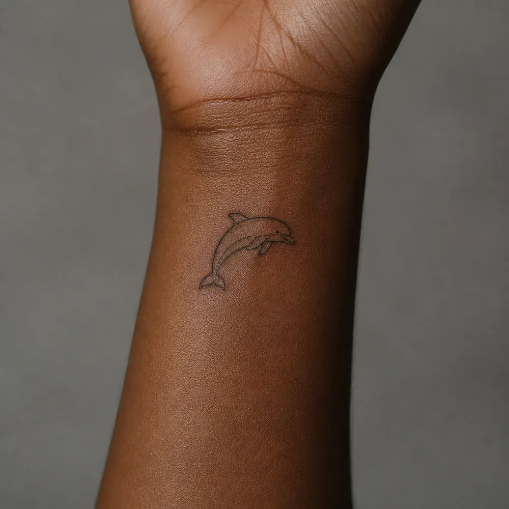A small fine-line dolphin leaping in an arc, tattooed on the inner wrist below the palm on deep brown skin.
