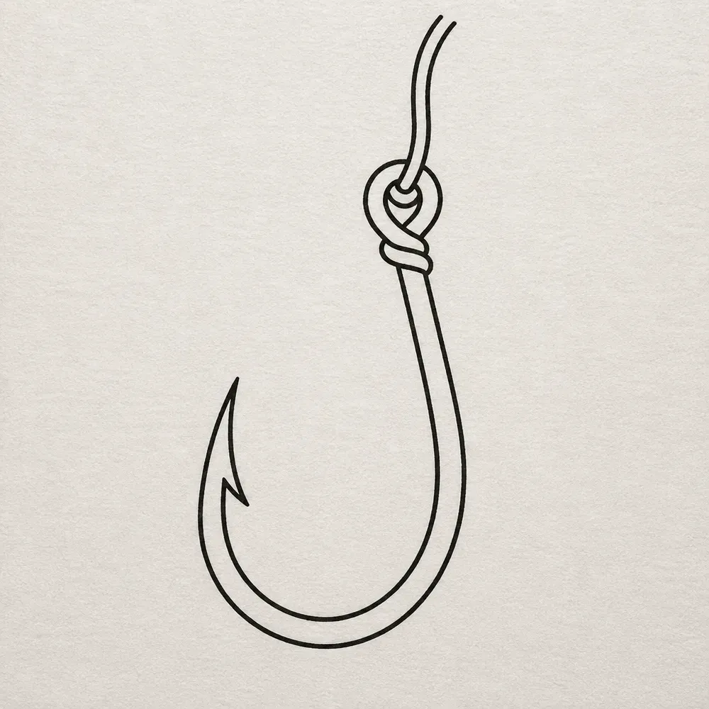 A single J-shaped fishing hook in black outline, a barbed point at the bottom and a length of line knotted through the eye.
