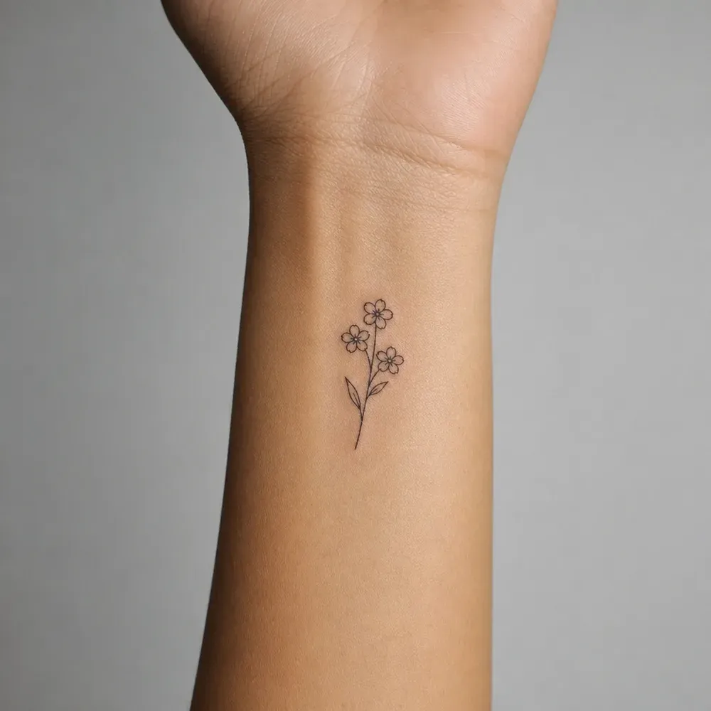 A small fine-line sprig of three five-petal flowers on a thin stem with leaves, tattooed on the inner wrist of light tan skin.