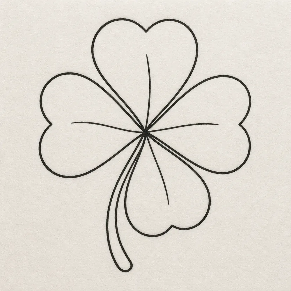 A four-leaf clover in black outline with heart-shaped leaves, a thin centre vein in each and a long curved stem.