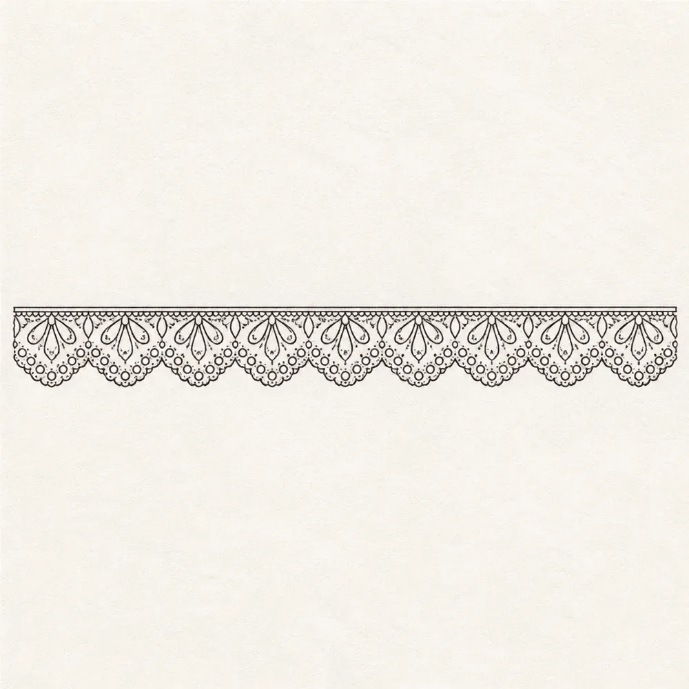 A lace trim band in fine black line, a straight top edge over a row of scallops filled with petal shapes and small eyelet circles.