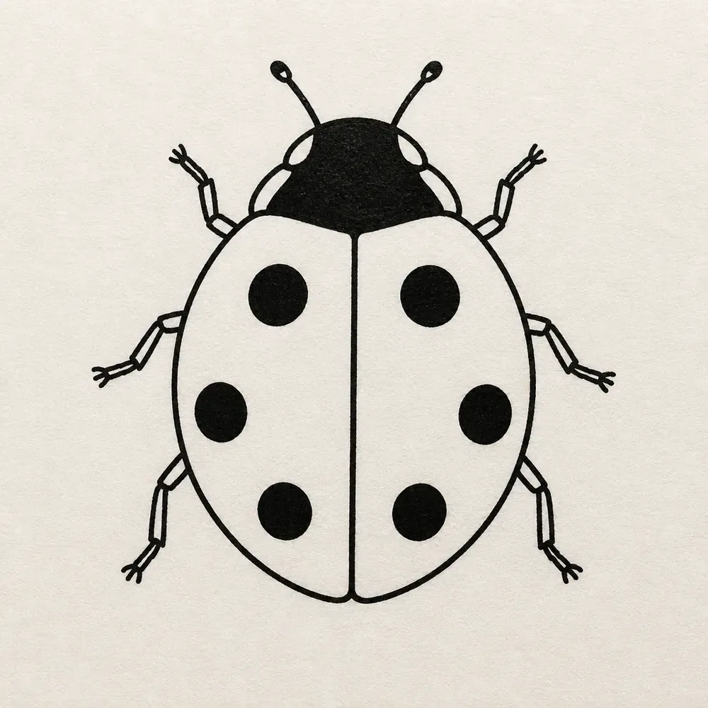 A ladybird seen from above in black outline, a split round shell with six solid black spots, a black head, six legs and two antennae.