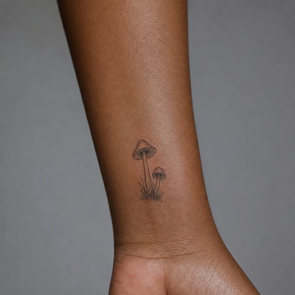 Two small fine-line mushrooms with a tuft of grass at the base, tattooed on the inner wrist above the palm on deep brown skin.