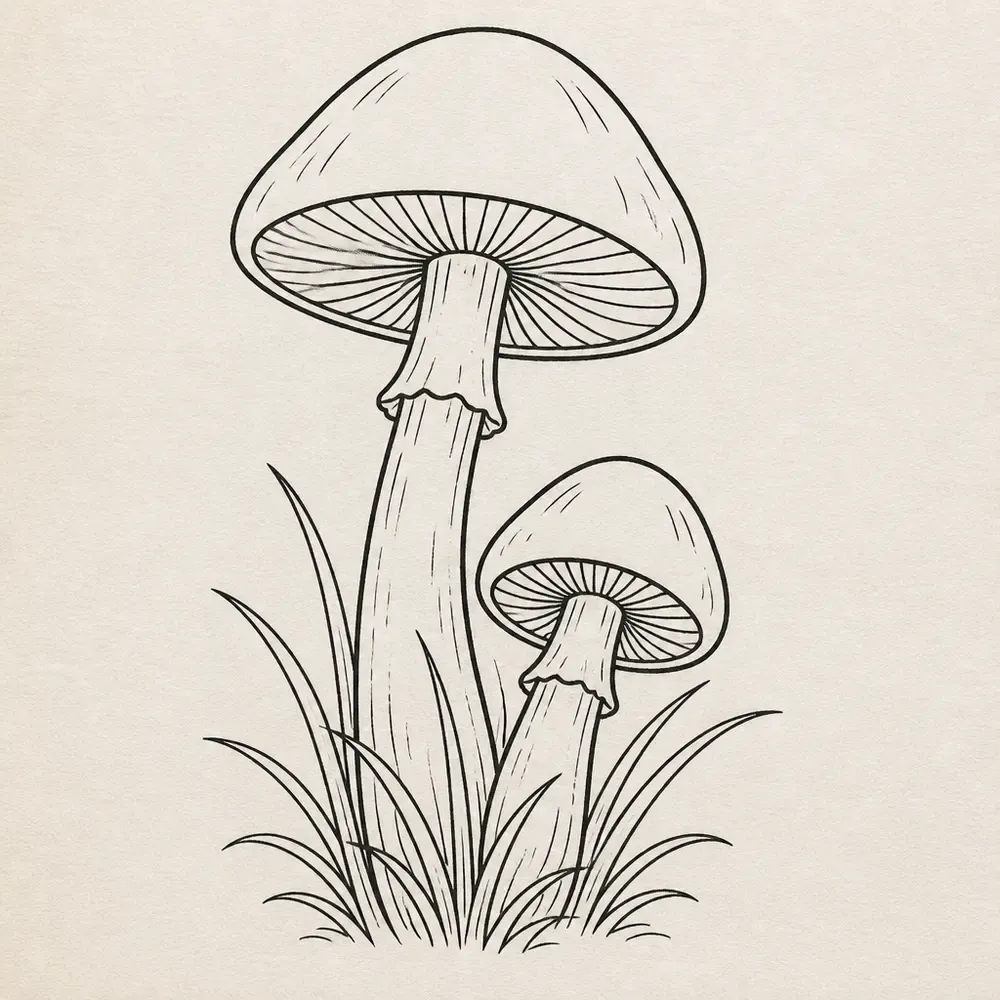 Two mushrooms in fine black line, one tall and one short, with lined gills under the caps and tufts of grass at the base.