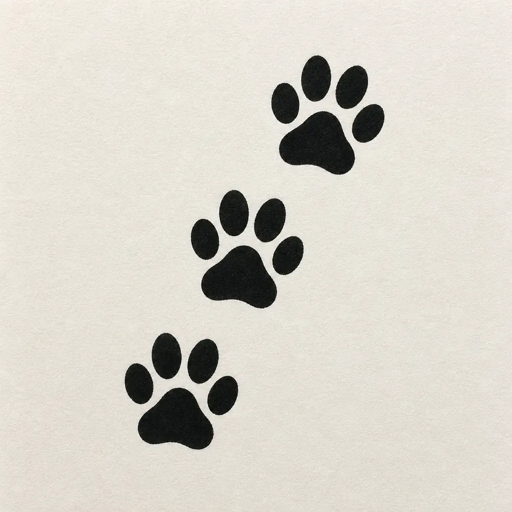 Three solid black paw prints walking diagonally up the sheet, each a rounded pad with four toe pads above it.