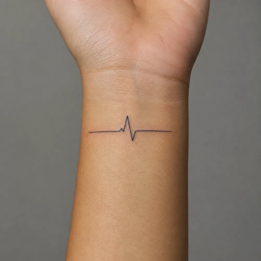 A thin black heartbeat line with one spike at its centre, tattooed across the inner wrist of medium tan skin.