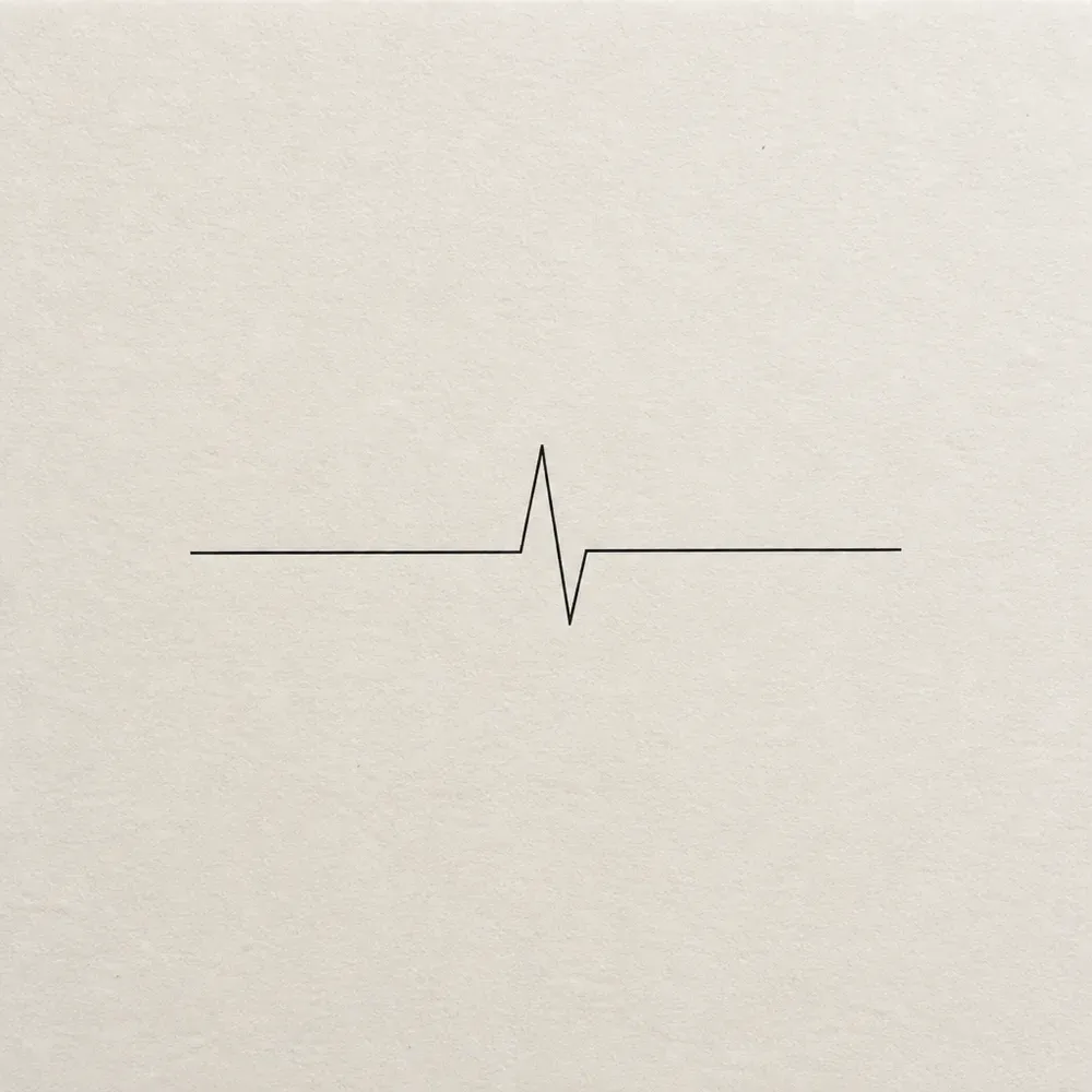 A thin black heartbeat line drawn flat across the sheet, with one sharp spike up and one dip down at its centre.