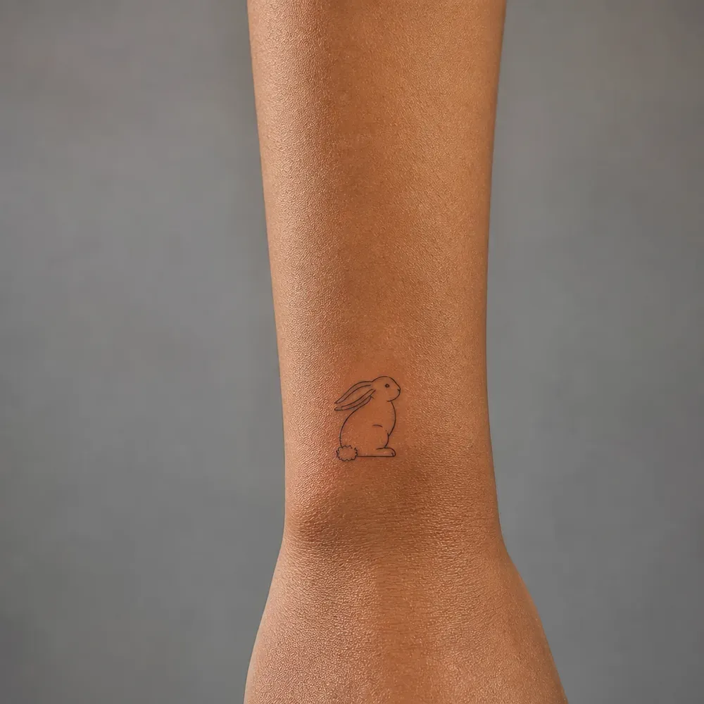 A small fine-line sitting rabbit with long ears laid back and a round fluffy tail, tattooed just above the wrist on medium brown skin.