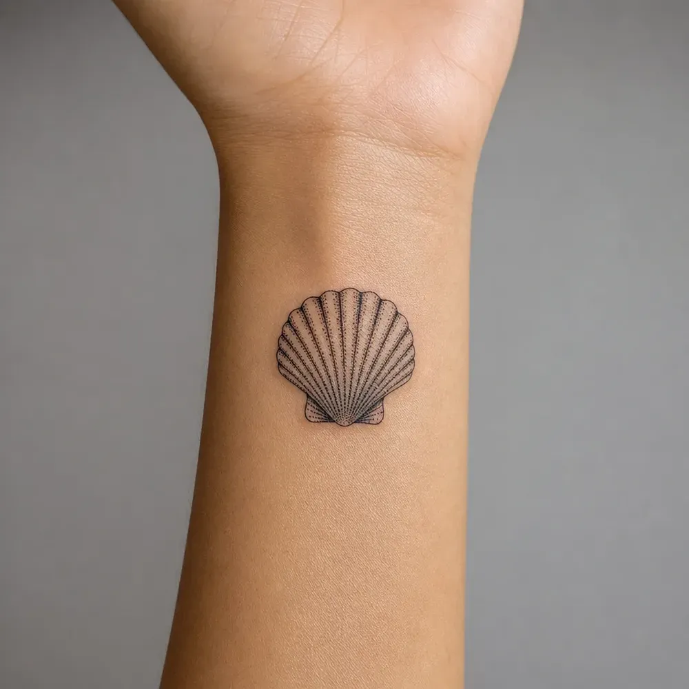 A small dotwork scallop shell with stippled ribs, tattooed on the inner wrist of light tan skin.