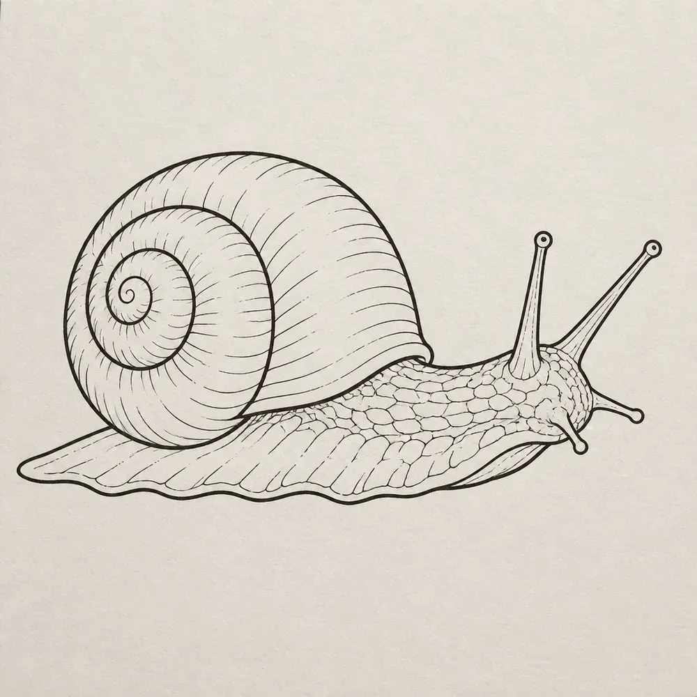 A garden snail seen from the side in fine black line, a spiral shell with fine ridges and a textured body stretched forward on two eye stalks.