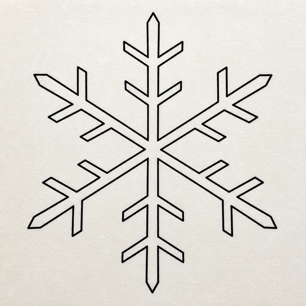 A symmetrical six-armed snowflake in black outline, each arm carrying two pairs of straight side branches and a pointed tip.