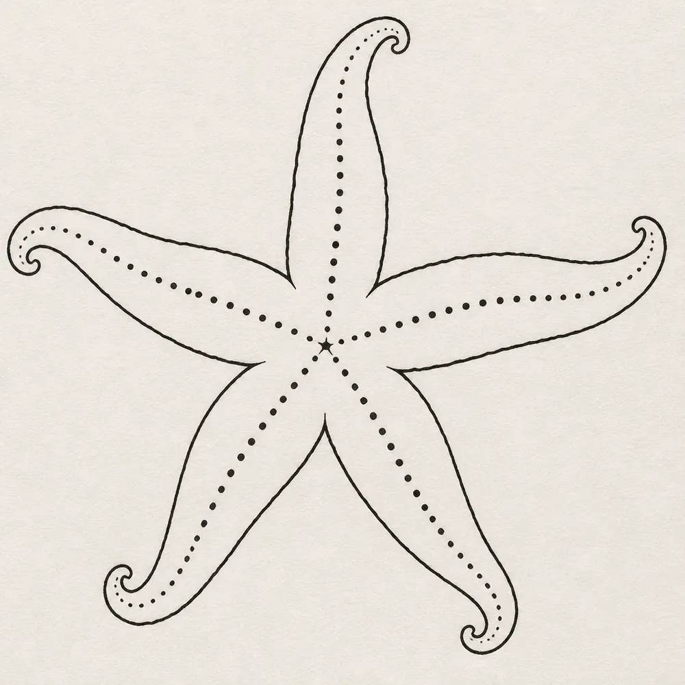 A five-armed starfish in black outline with curled arm tips and a line of small dots running down the middle of each arm.